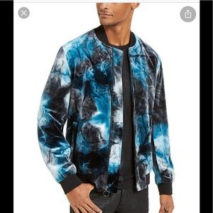 NWOT INC black/blue tye dye velvet bomber -L
